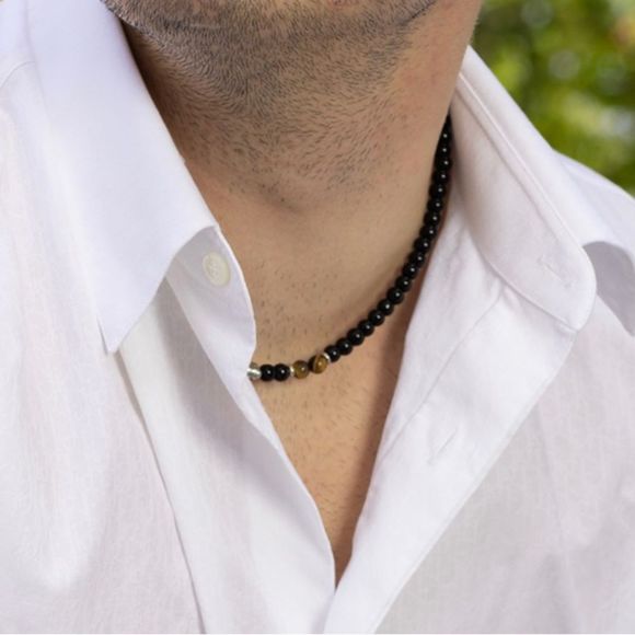 NWT GREAT FOR MEN UNISEX BECK TIGER EYE NECKLACE DESIGNER INSPIRED BLACK SILVER - Picture 2 of 12